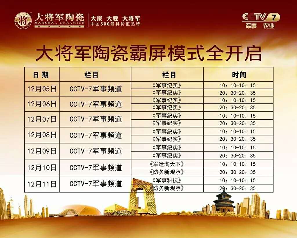 奔跑吧12月，大將軍陶瓷央視廣告為您吶喊助威
(圖1)